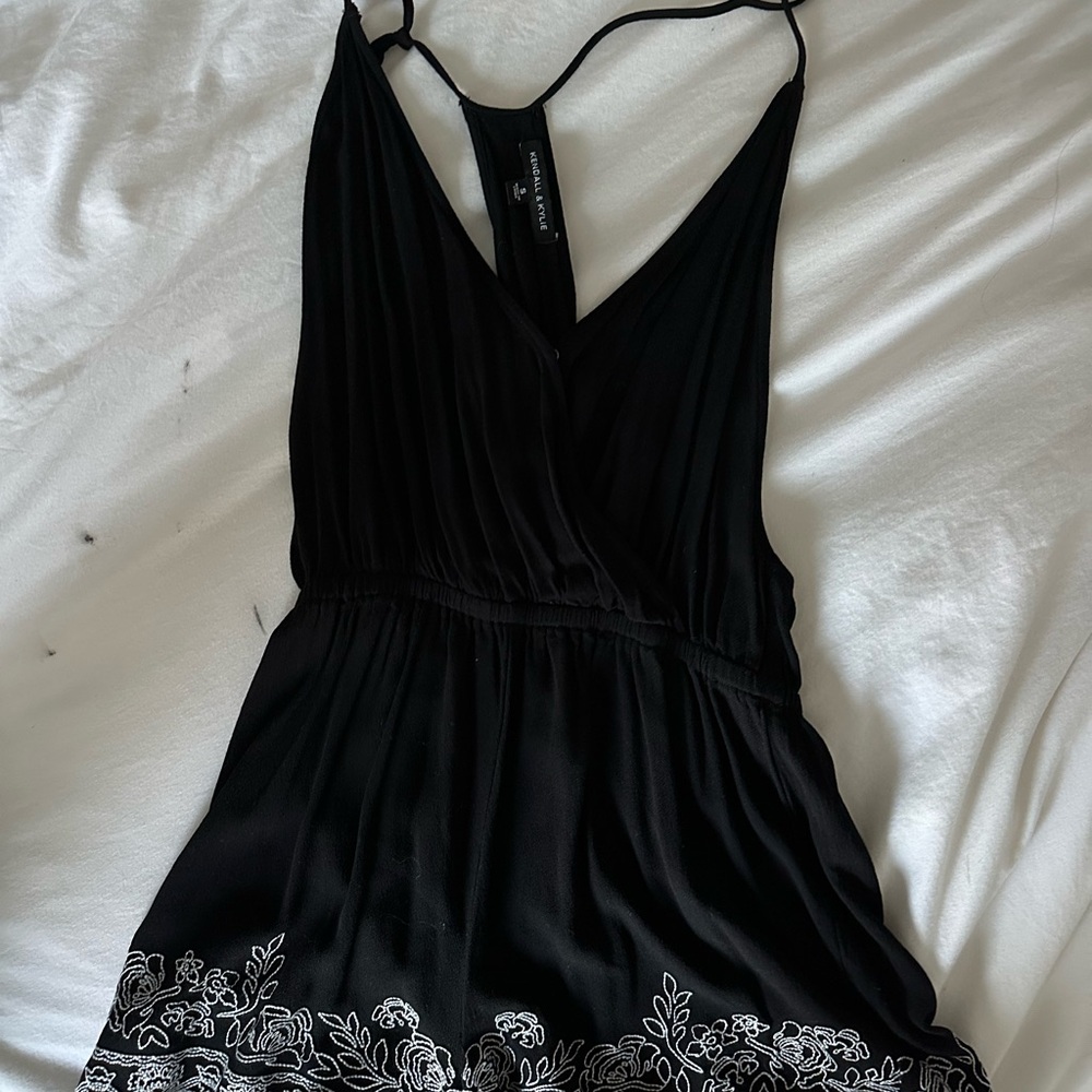 Chic Black Romper with White Floral Embroidery